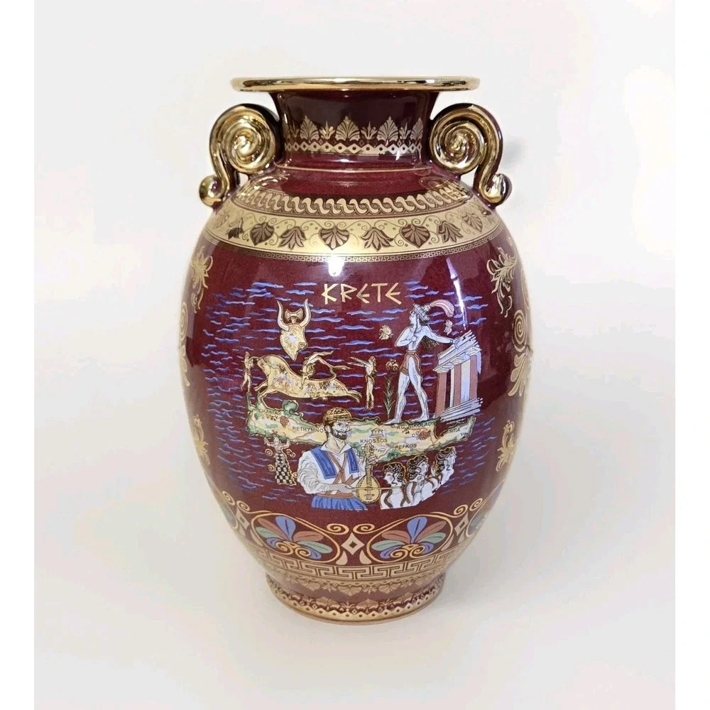 Red Spyropoulos Vase Greece 24K Gold Trim Greek Mythology Porcelain 9.5